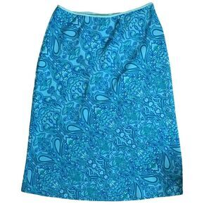 Vintage 90s Pullon A Line Knee Length Skirt M Blue Floral Elastic Waist Low Rise